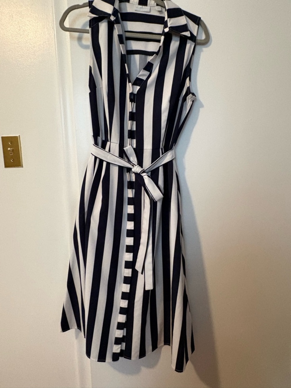 New York & Company Navy Blue and White Vertical Stripe Sleeveless Midi Dress